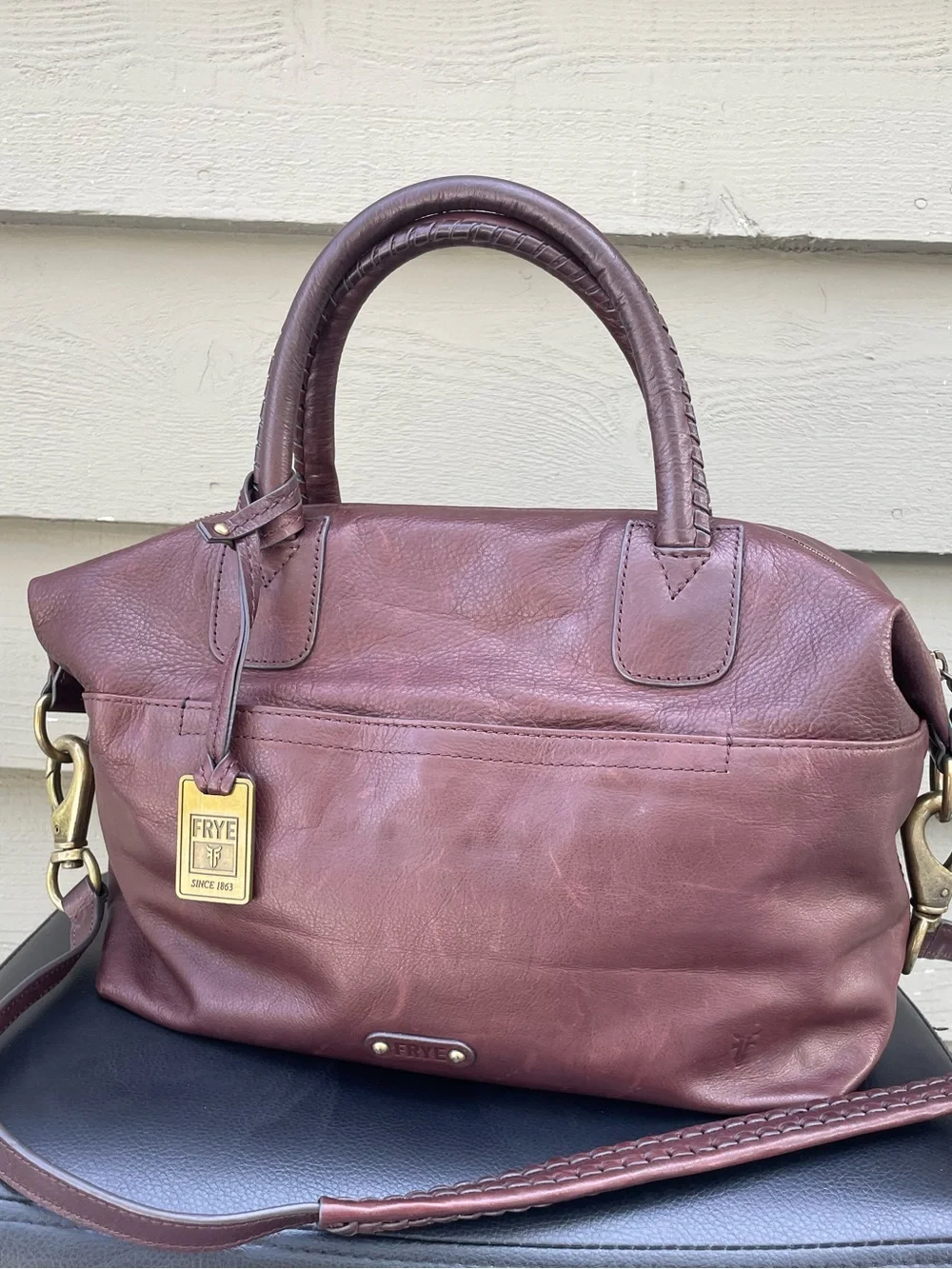 Frye Burgundy/ Brown Leather Satchel / crossbody bag with Braided Shoulder Strap